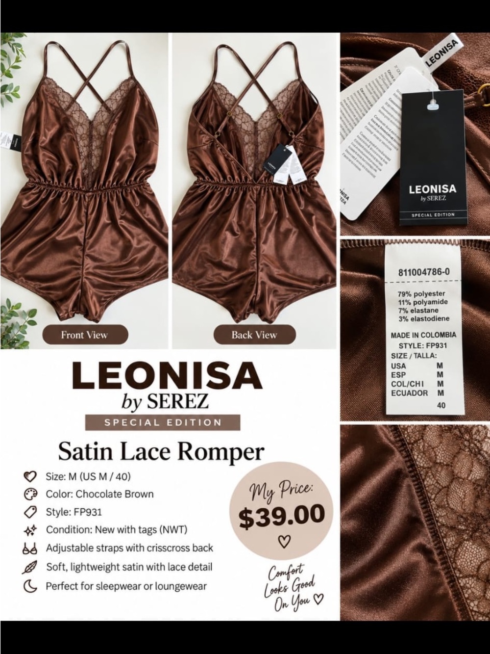 LEONISA Satin Lace Romper in Chocolate Brown - Women's Intimates